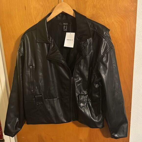 Faux Leather Jacket Womens Medium Black Moto Zip Pockets - Picture 1 of 5